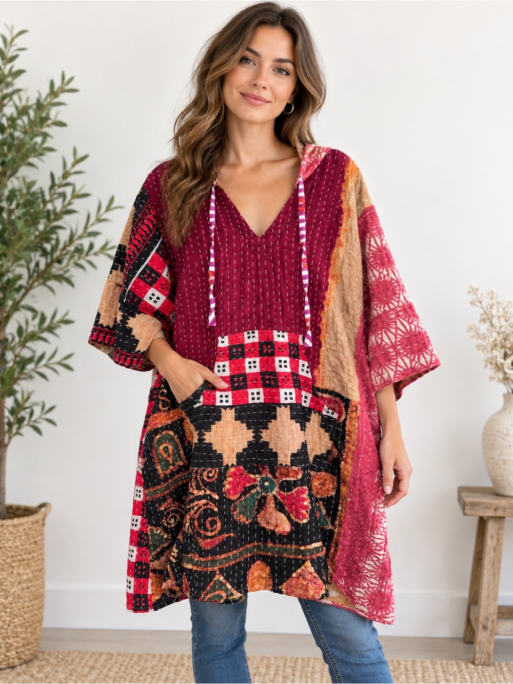 Reversible Kantha Patchwork Hooded Tunic Boho Oversized Artisan 28" PTP